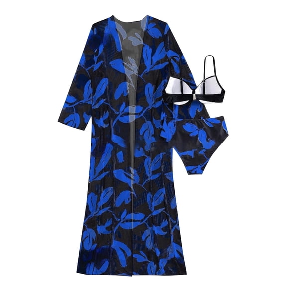 Youyipin 3 Piece Bathing Suit Sets For Women Swimsuit Printed Ruched Long Sleeve Robe Bikini Shorts Swimwear Swim Suits For Women 2025