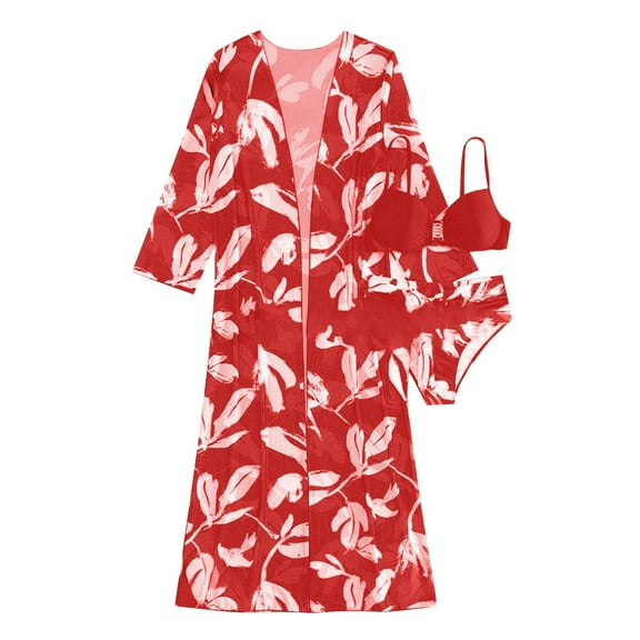 Youyipin 3 Piece Bathing Suit Sets For Women Swimsuit Printed Ruched Long Sleeve Robe Bikini Shorts Swimwear Swim Suits For Women 2025