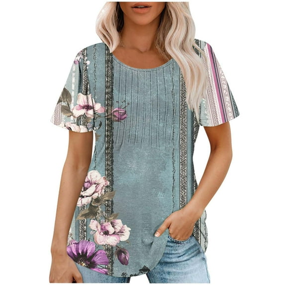 Youyipin Fashion Women's Print Short Sleeve Round Neck Casual Summer Blouses Top