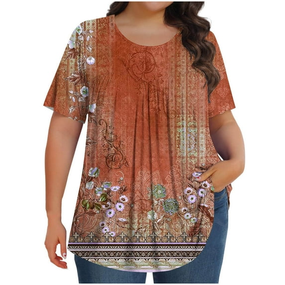 Youyipin Fashion Women's Printed Plus Size Short Sleeve Round Neck Fold Blouse Loose Casual And Comfortable Tops