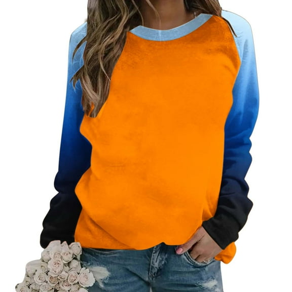 Youyipin Long Sleeve Shirts for Women Oversized Sweatshirt for Women Fall Winter Trendy Patchwork Color Plunge Sleeve Round Neck Lightweight Pullover Tops