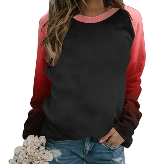 Youyipin Long Sleeve Shirts for Women Oversized Sweatshirt for Women Fall Winter Trendy Patchwork Color Plunge Sleeve Round Neck Lightweight Pullover Tops
