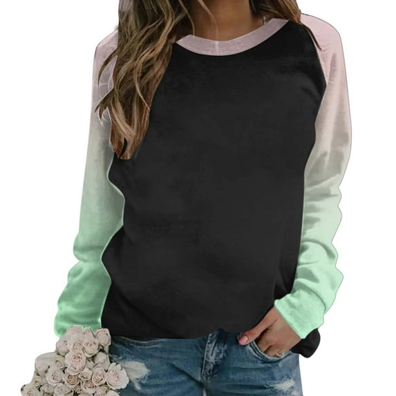 Youyipin Long Sleeve Shirts for Women Oversized Sweatshirt for Women Fall Winter Trendy Patchwork Color Plunge Sleeve Round Neck Lightweight Pullover Tops