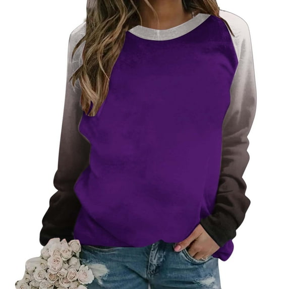 Youyipin Long Sleeve Shirts for Women Oversized Sweatshirt for Women Fall Winter Trendy Patchwork Color Plunge Sleeve Round Neck Lightweight Pullover Tops
