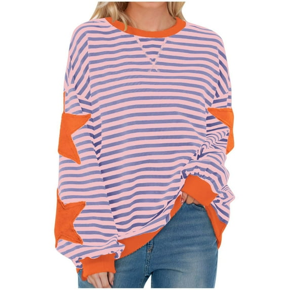 Youyipin Long Sleeve Shirts for Women Women Oversized Striped Color Block Long Sleeve Crew Neck Sweatshirt Casual Star Loose Pullover Y2K Shirt Tops