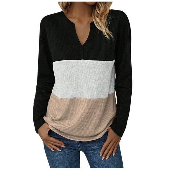Youyipin Long Sleeve Shirts for Women Women's Waffle Shirts V Neck Long Sleeve Tops Color Block T-Shirts Casual Tunics 2024 Fashion Basic Tees 