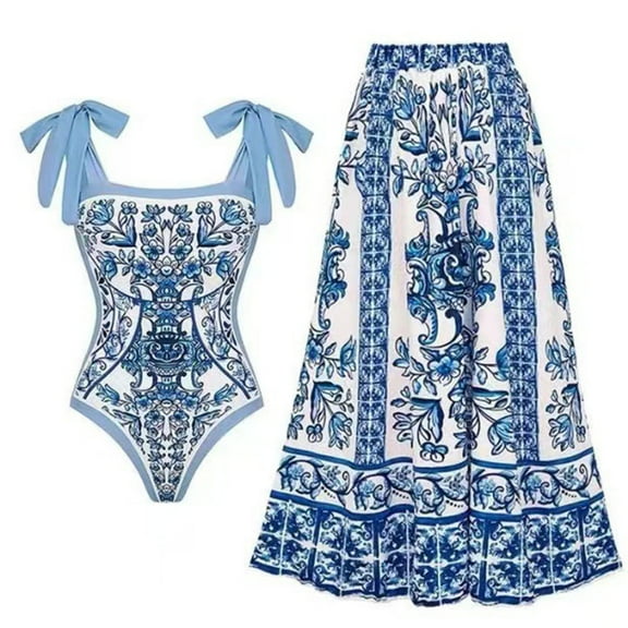 Youyipin One Piece Swimsuit Women Blue And White Adjustable Shoulder Strip Plant Prints Swimsuit And Skirt Sarong Vacation Outfits