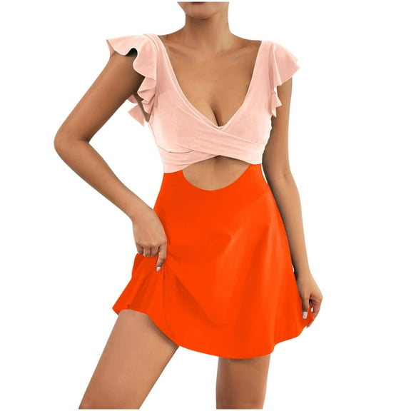 Youyipin One Piece Swimsuit Women Plus Size Swimsuit Tummy Control Swimdress Ruffle V Neck Cutout Wrap Bathing Suit For Women