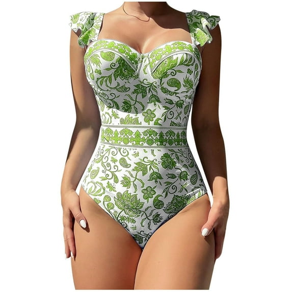 Youyipin One Piece Swimsuit Women Tummy Control Ruffled Straps Porcelain Bathing Suit For Women Slimming Swimwear