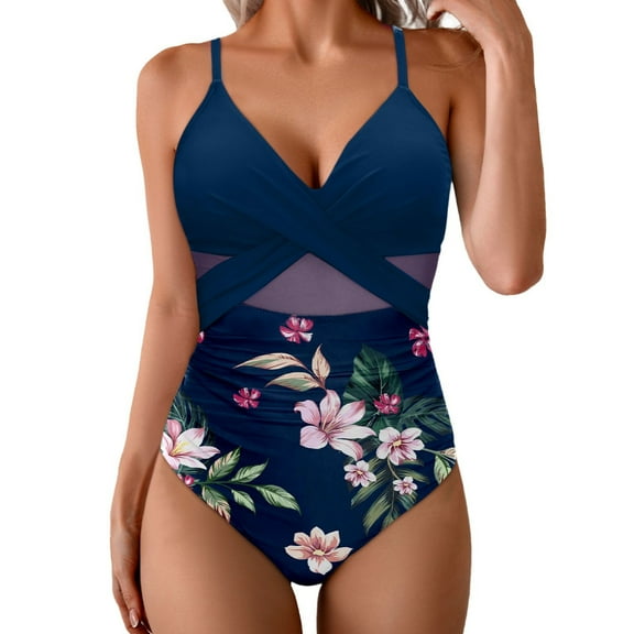 Youyipin One Piece Swimsuit Women V Neck Ruched Mesh Bathing Suit Tummy Control Slimming Swimwear Swim Suits For Women 2025