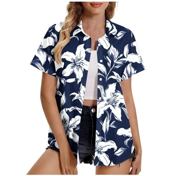 Youyipin Women'S Clothing Hawaiian Shirts For Women Summer Beach Shirt Tropical Shirts Womens Hawaii Button Down Short Sleeve Blouses Button Up Tops Beach Vacation Clothes