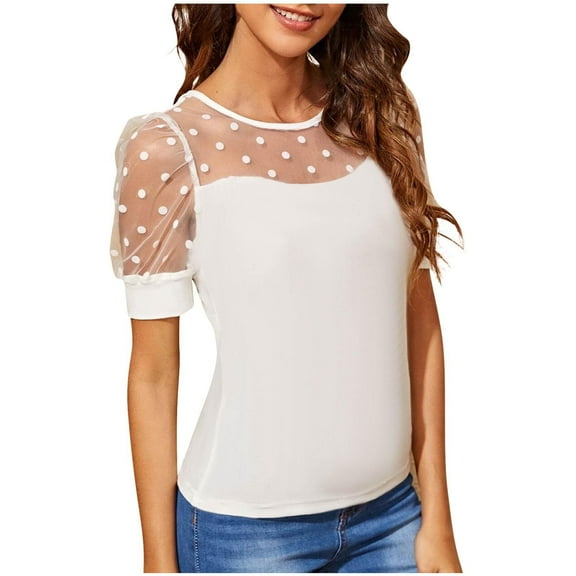 Youyipin Women'S Top Round Neck Polka Dot Tee Sheer Blouse Slim Fit Short Sleeve for Spring/Summer 2025