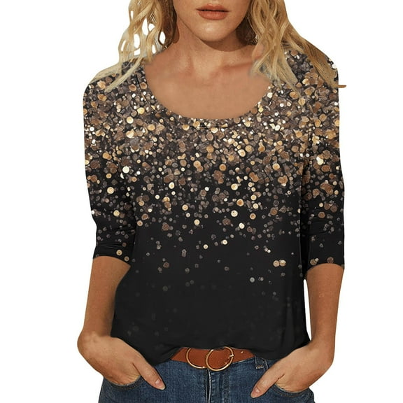 Youyipin Women Sexy 3/4 Sleeve Sequins Loose Polluer Solid Round-Neck Blouse Shirt Beach Vacation Clothes