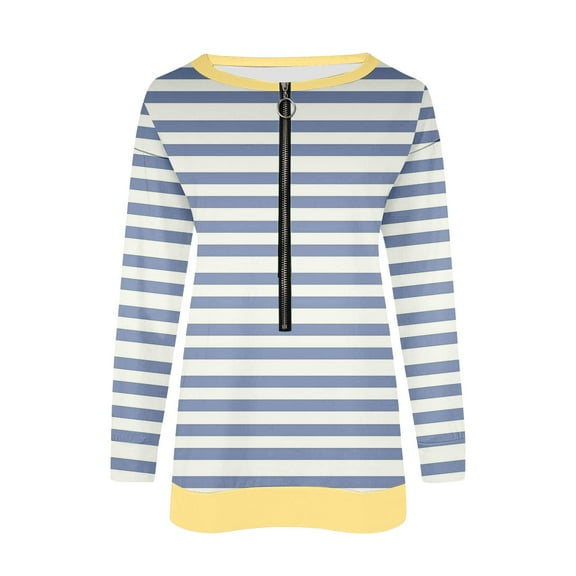 Youyipin Women Striped Sweatshirt Half Zip V Neck Long Sleeve Pullover Tops Loose Fit Casual Shirts 2024 Fall