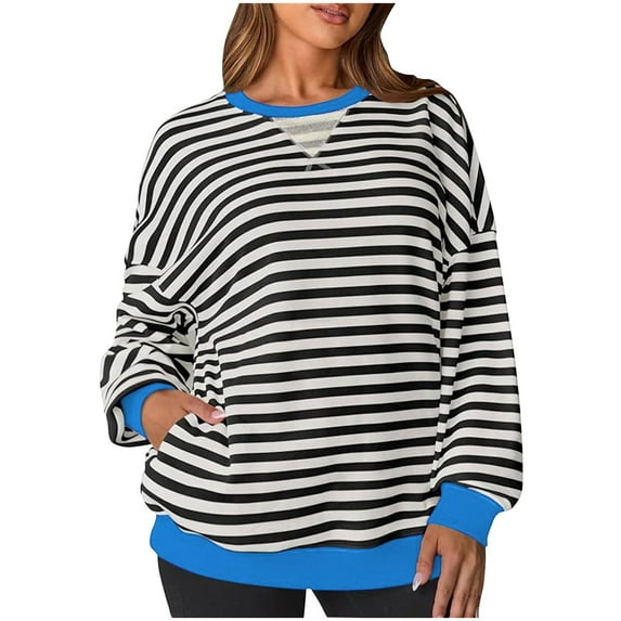 Youyipin Women Striped Sweatshirt Long Sleeve Shirts Crewneck Oversized Casual Pullover Top 2024 Fall Fashion Outfits Clothes