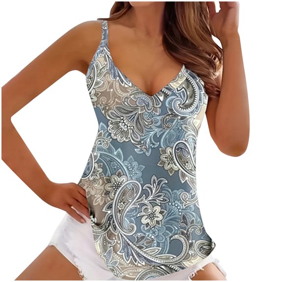 Youyipin Women Tank Tops Women's Casual Summer Spaghetti Strap Floral Print Sleeveless V Neck Strappy Shirts Tummy Control Tank Top For Women