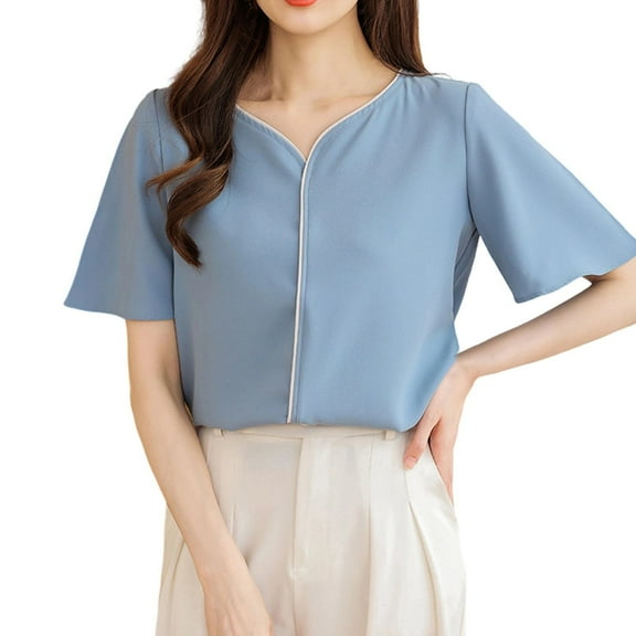 Youyipin Women Tops Elegant Temperament Formal White Blouses Office Ladies Work Blue V Neck Chiffon Short Sleeve Shirts For Women