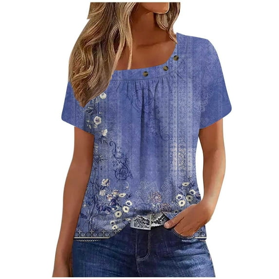 Youyipin Women Tops Short Sleeve Trendy Asymmetrical Neck Button Cute Summer Tops Casual Vintage Graphic Tees Blouses T Shirts For Women