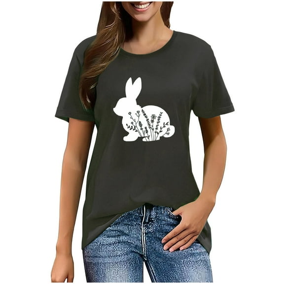 Youyipin Women's Clothing Happy Easter Bunny T-Shirt Rabbit Graphic Tees Easter Egg Holiday Shirt Tops Short Sleeve Shirts For Women