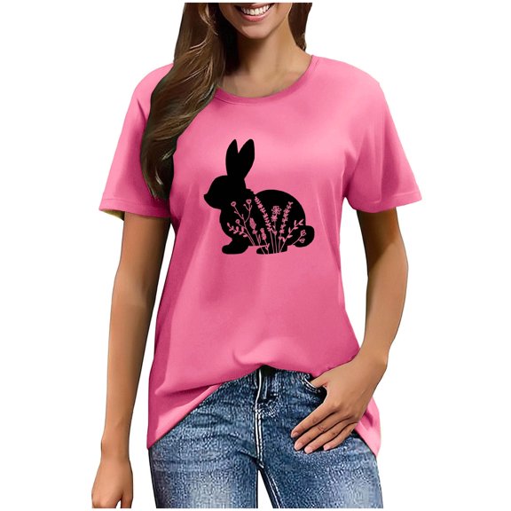 Youyipin Women's Clothing Happy Easter Bunny T-Shirt Rabbit Graphic Tees Easter Egg Holiday Shirt Tops Short Sleeve Shirts For Women