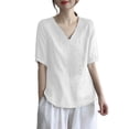 thumbnail image 1 of Youyipin Women's Floral Embroidery Linen Shirts Short Sleeve V Neck Babydoll Casual T Shirts For Women, 1 of 7