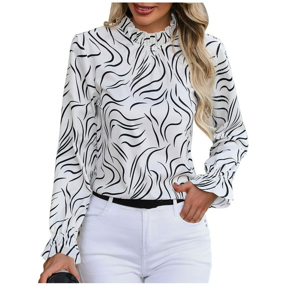 Youyipin Women's Mock Neck Zebra Print Blouse - Long Sleeve Ruffle Trim Dressy Casual Top
