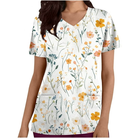 Youyipin Women's Tops Printed Scrubs Top For Womens Medical Proffesional V Neck Short Sleeve Working Shirts Plus Size With Pockets Graphic Tees For Women