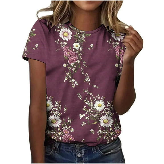 Youyipin Women's Tops Summer Tops Pink And Tulips Women's T-Shirts Collection, Versatile V-Neck, Short Sleeve Summer Shirts For Casual Occasions Spring Tops For Women 2025