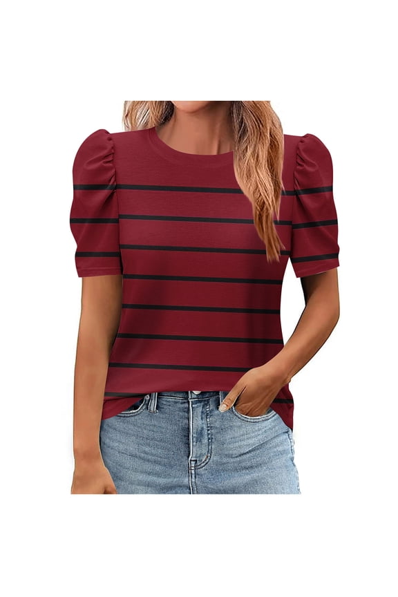 Women's Tops Womens Loose Fit Casual Tops Business Dressy Dot Striped Printed Puff Sleeves Top Fashion Beach Vacation Clothes Spring Tops For Women
