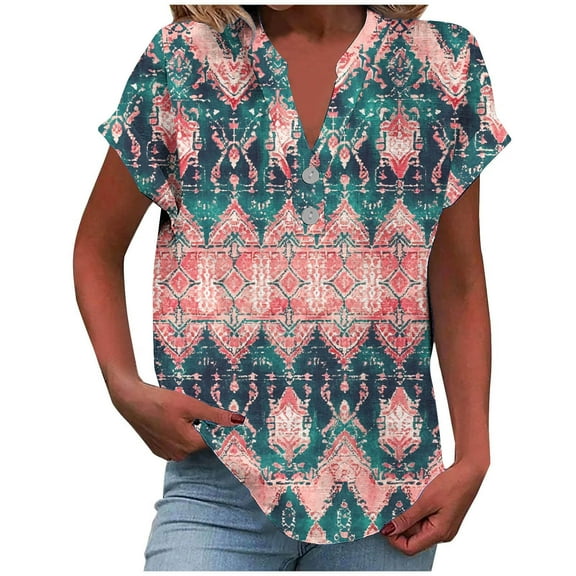 Youyipin Women's Tops Womens Summer Blouses Casual Short Sleeve Tunic Turndown V Neck Collar Loose Fit Tops Business Casual Tops For Women