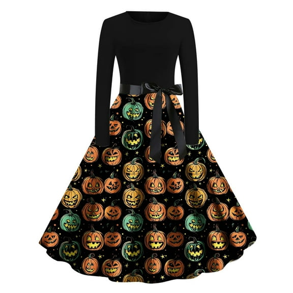 Youyipin Womens Dresses Halloween Printed Round Neck Long Sleeve Italian Dress