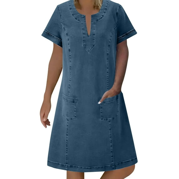 Youyipin Womens Dresses Women Denim Dress Short Sleeve Mini Jean Dress Jumper Babydoll Summer Shift Dress Summer Dresses For Women 2025