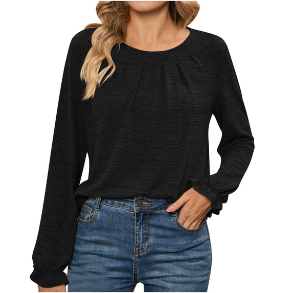 Youyipin Womens Long Sleeve Tops Dressy Business Casual Blouses Basic Loose Fit Round Neck Work Shirt 2024 Fall Clothes Outfits