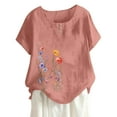 thumbnail image 1 of Youyipin Womens Spring Fashion Cotton Linen Tops Floral Print Summer Shirts Short Sleeve Round Neck Blouses Casual Loose Fit Tshirt Spring Tops For Women, 1 of 4