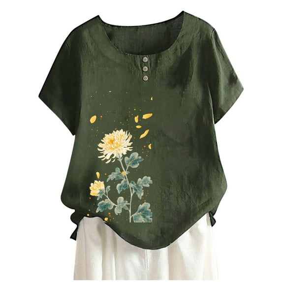 Youyipin Womens Spring Fashion Cotton Linen Tops Floral Print Summer Shirts Short Sleeve Round Neck Blouses Casual Loose Fit Tshirt Spring Tops For Women