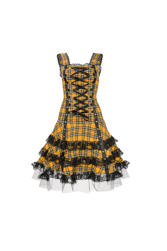 Womens Summer Dress Gothic Lace Up Plaid Half Zipper Fit And Flare Gothic Sundresses For Women
