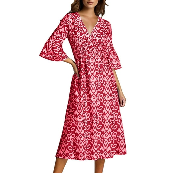 Youyipin Womens Summer Dresses For Women 2025 Casual V Neck Floral Bohemian Wrap 3/4 Sleeve Midi Boho Formal Dresses For Women