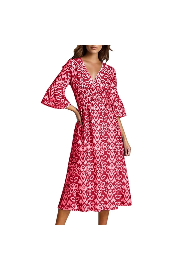 Womens Summer Dresses For Women 2025 Casual V Neck Floral Bohemian Wrap 3/4 Sleeve Midi Boho Formal Dresses For Women