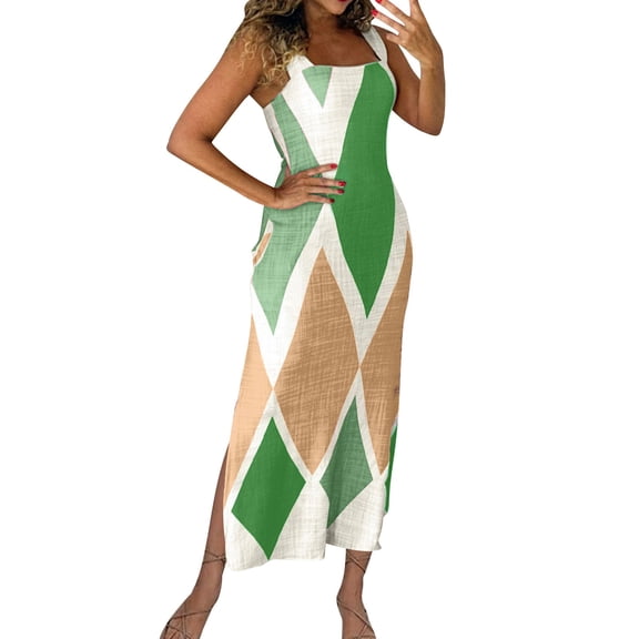 Youyipin Womens Summer Dresses Maxi Dress Casual Thick Strap Square Neck Boho Sundress Split Vacation Dresses With Pockets Dresses For Women