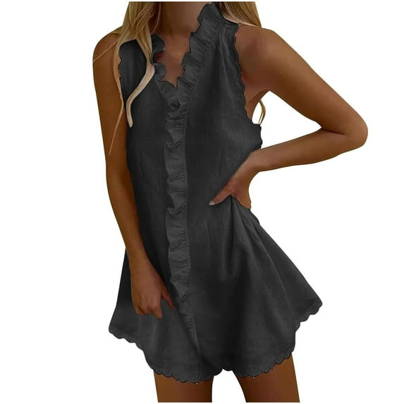 Youyipin Womens Summer Dresses Ruffle Linen Mini Dress Sleeveless V Neck Beach Sundress Casual Vacation Loose Shift Tank Dresses For Women 2025 Elegant Classy