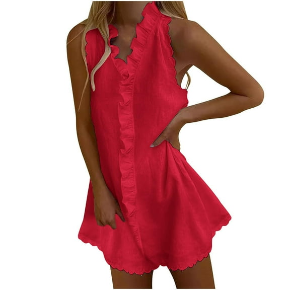 Youyipin Womens Summer Dresses Ruffle Linen Mini Dress Sleeveless V Neck Beach Sundress Casual Vacation Loose Shift Tank Dresses For Women 2025 Elegant Classy