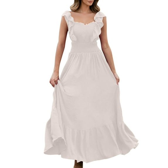 Youyipin Womens Summer Dresses Sleeveless Boho Ruffle Square Neck Tie Back Casual Backless Flowy Midi Dress Summer Dresses For Women 2025