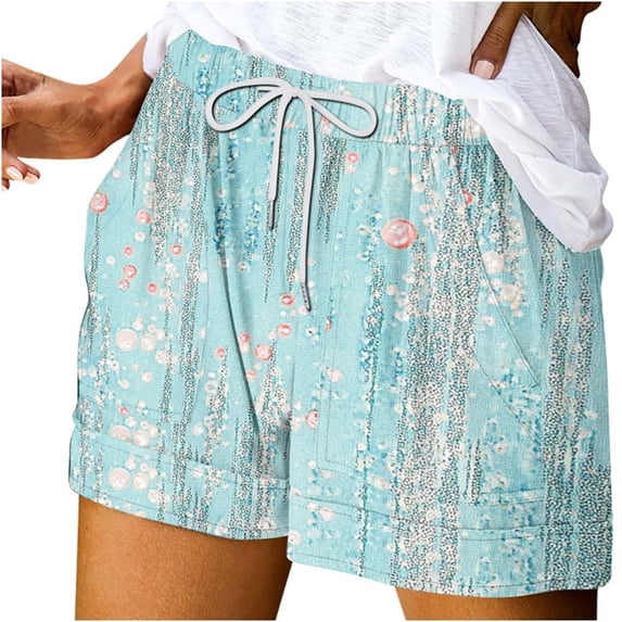 Youyipin Womens Summer Shorts Casual Trendy Floral Print Drawstring Elastic High Waisted Baggy With Pocket Athletic Shorts For Women