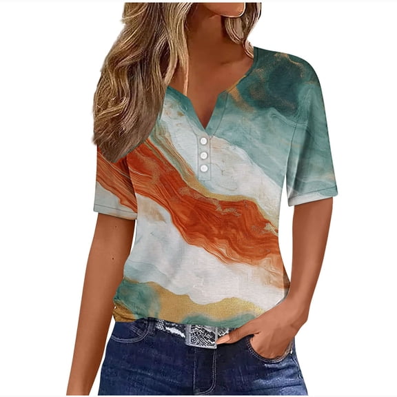 Youyipin Womens Summer Tops 2025 Button V Neck Boho Short Sleeve Ribbed Shirts Casual Loose Comfy Tunic Trendy Pullover Business Casual Tops For Women