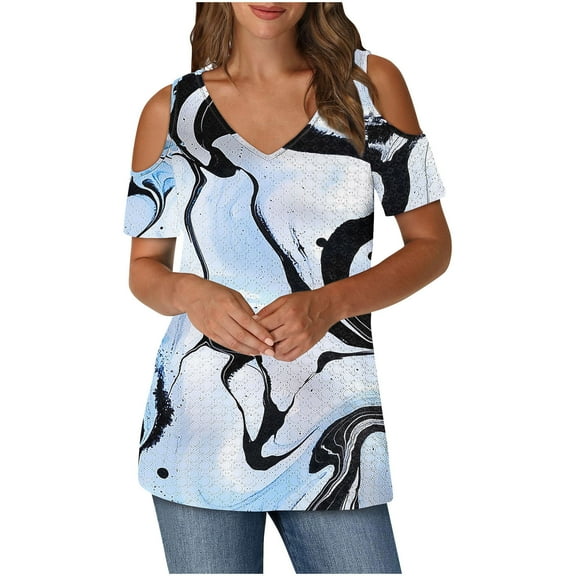 Youyipin Womens Summer Tops Cold Shoulder Casual Loose Hollow Out Sexy V Neck Blouses Short Sleeve Shirts For Women