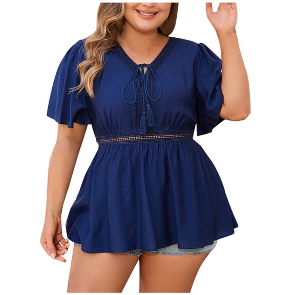 Youyipin Womens Summer Tops Plus Size Romper Dress Summer Short Jumpsuit V Neck Puff Sleeve High Waist Ruffle Boho Jumpsuits Tie Front Blouses Peplum Babydoll Top