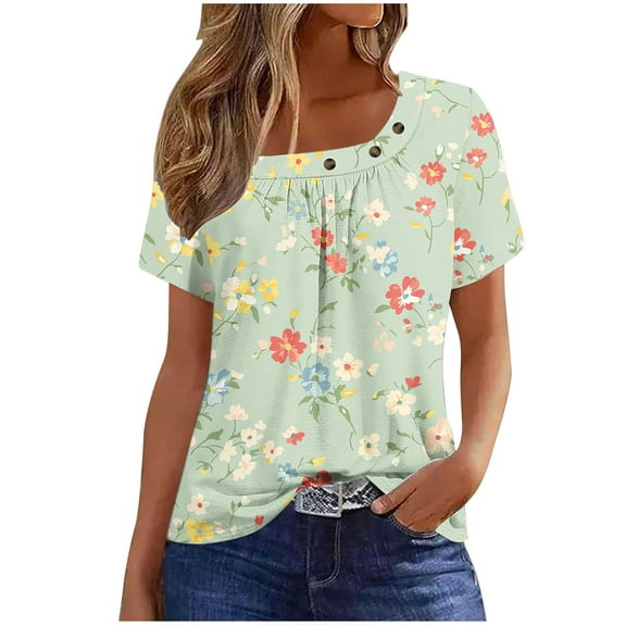 Youyipin Womens Summer Tops Spring Fashion Short Sleeve Shirts Crew Neck Cute Trendy Tunic Blouses Spring Outfits For Women 2025