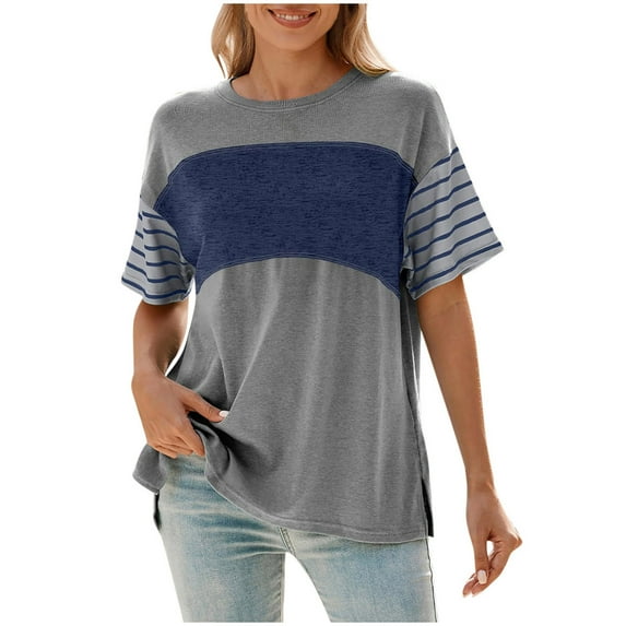 Youyipin Womens Summer Tops Tops Trendy Oversized 2025 Crewneck Color Block Striped Womens Shirts Blouses Business Casual Tops For Women