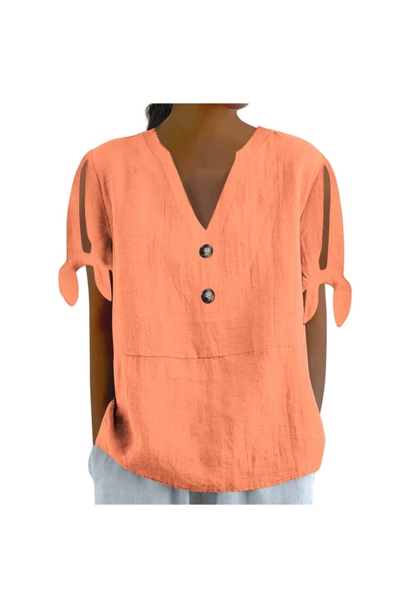 Womens Summer Tops V Neck Tie Button Down Side Sleeve Fork Loose Fit Casual Short Sleeve Shirts For Women