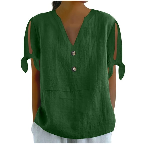Youyipin Womens Summer Tops V Neck Tie Button Down Side Sleeve Fork Loose Fit Casual Short Sleeve Shirts For Women